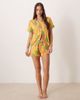 Chelsea Peers Chelsea Peers short sleeve jersey camp collar shirt and shorts pajama set in wiggle stripes and toucan print-Orange - 2