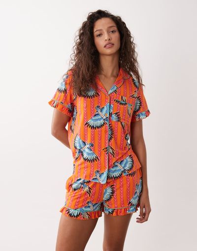 Chelsea Peers Chelsea Peers short sleeve jersey camp collar shirt and shorts pajama set with ruffle trim in exotic bird print-Multi