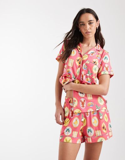 Chelsea Peers Chelsea Peers short sleeve jersey camp collar shirt and shorts set in multi tropical print-pink