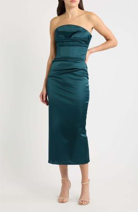 Chiara Boni La Petite Robe Chiara Boni La Petite Robe Voca Pleated Strapless Satin Midi Cocktail Dress