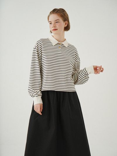 CHIQUITA Collar Short Sweatshirt (Stripe) (231602TIV) [Ivory]