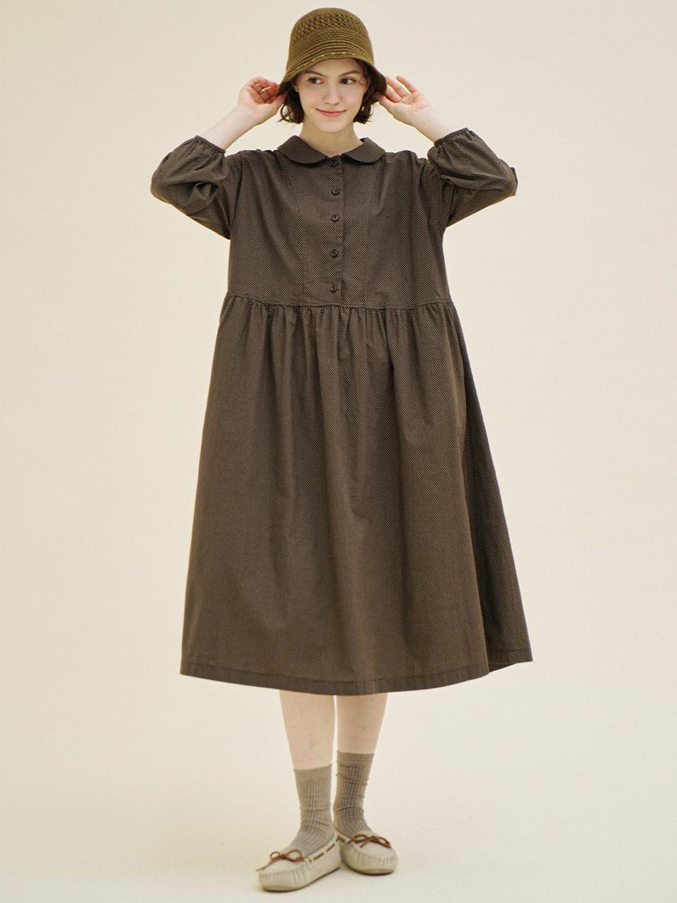CHIQUITA Puff Sleeve Dot Cotton 9/10 Length Dress [BROWN] (233201OBR)
