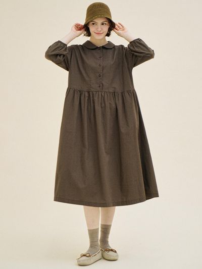 CHIQUITA Puff Sleeve Dot Cotton 9/10 Length Dress [BROWN] (233201OBR)