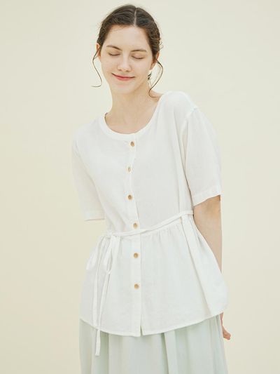 CHIQUITA Reversible 3/4 Sleeve Linen Blouse (242307SIV) [Ivory]
