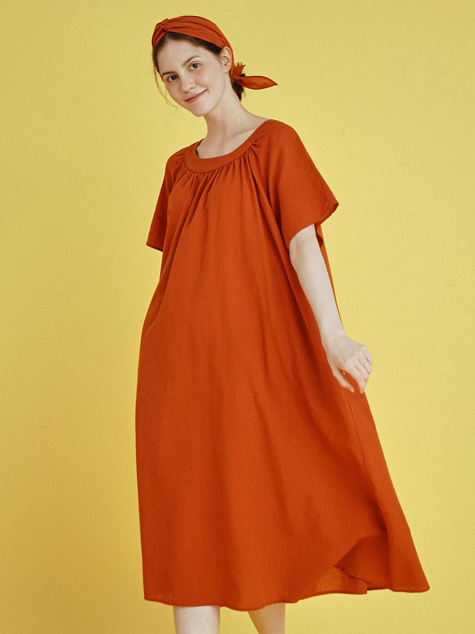 CHIQUITA ROM Quarter Sleeve Linen Belt Dress [Brick] (232207SBC)