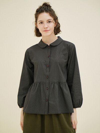 CHIQUITA Shirred 3/4 Sleeve Dotted Cotton Shirt [Black] (233301OBK)