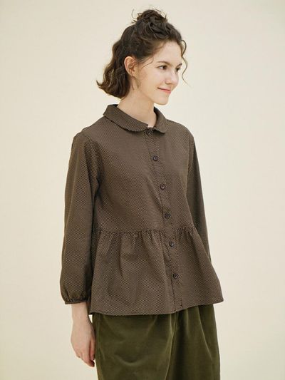 CHIQUITA Shirring 3/4 Sleeve Dotted Cotton Shirt [Brown] (233301OBR)