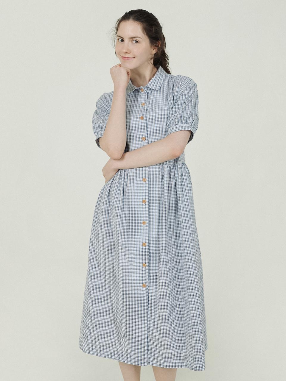 CHIQUITA Shirt Quarter Sleeve Check Pattern Dress with Belt [Blue] (252205CBL)
