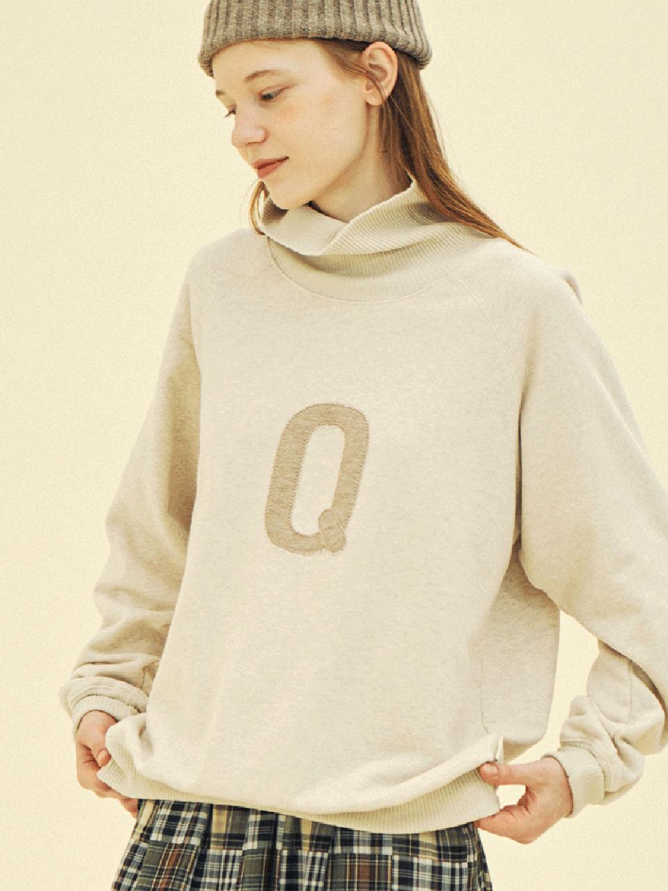 CHIQUITA Turtleneck Q Embroidery Cotton Loose Fit Sweatshirt [Light Brown] (243605SOT)