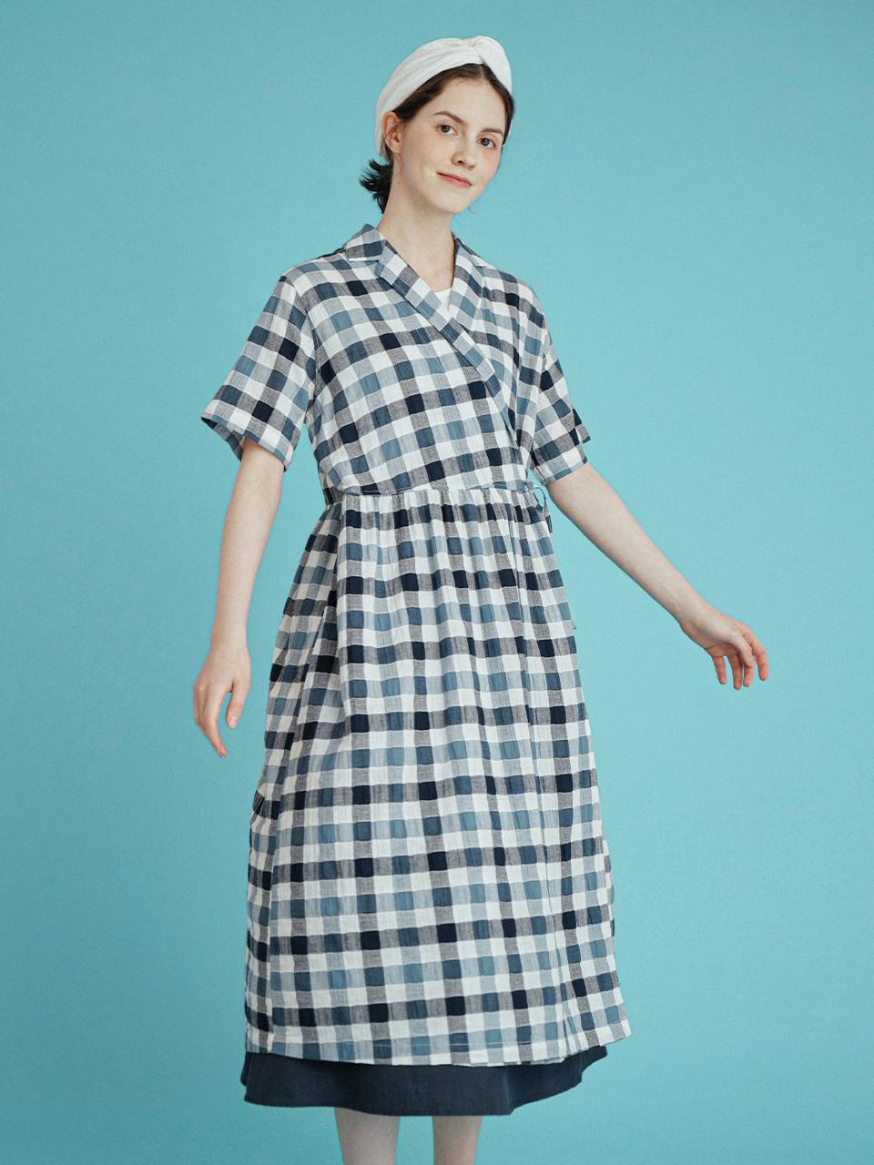 CHIQUITA Wrap Quarter Length Check Dress [Blue] (232201CBL)