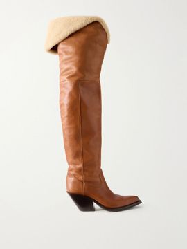 CHLOÉ Azalean shearling-trimmed leather over-the-knee boots