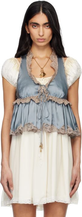 Chloé Chloé Blue Washed Silk Satin & Lace Tie-Front Sleeveless Top