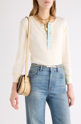 Chloé Chloé Colorblock Long Sleeve Flatlock Rib Jersey Henley T-Shirt
