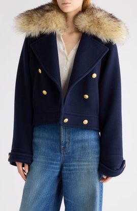 Chloé Chloé Crop Double Breasted Coat with Genuine Shearling Collar
