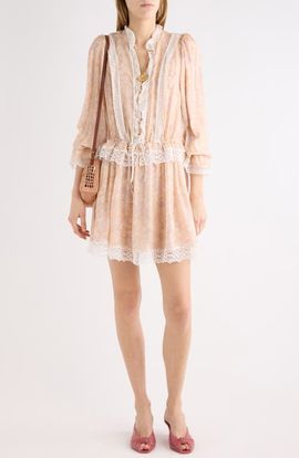 Chloé Chloé Floral Long Sleeve Silk Charmeuse & Lace Minidress