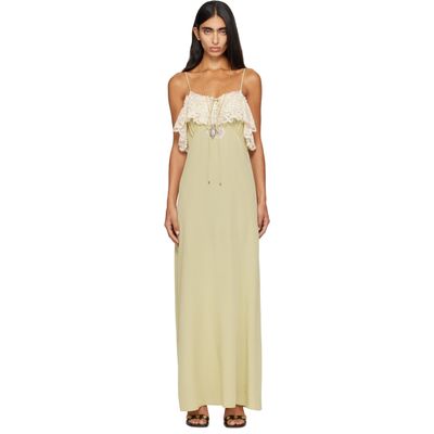 Chloé Chloé Green Crêpe de Chine & Lace Thin-Strap Maxi Dress