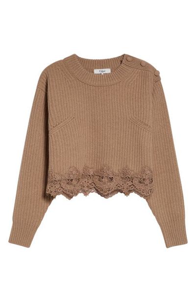 Chloé Chloé Guipure Lace Hem Wool & Cashmere Crop Sweater