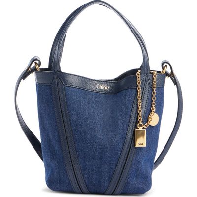 Chloé Chloé Small Spin Leather Trim Denim Tote
