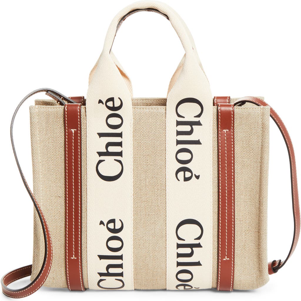 Chloé Chloé Small Woody Logo Strap Linen Tote