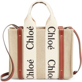 Chloé Chloé Small Woody Logo Strap Linen Tote