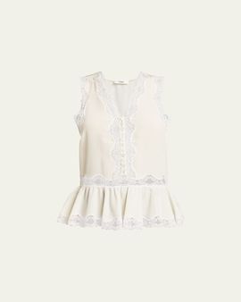 Chloe Lace-Trim Silk Sleeveless Peplum Top