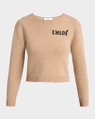 Chloe Logo Wool-Cashmere Crewneck Crop Sweater