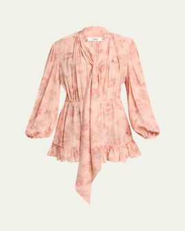 Chloe Long-Sleeve Bouquet Print Silk Dress