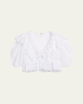 Chloe Ruffled Eyelet Cotton Puff-Sleeve Crop Top