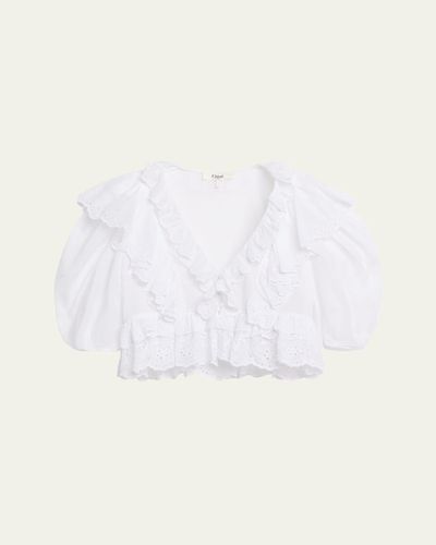 Chloe Ruffled Eyelet Cotton Puff-Sleeve Crop Top