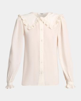 Chloe Ruffled Wide Collar Silk Jacquard Button-Down Blouse