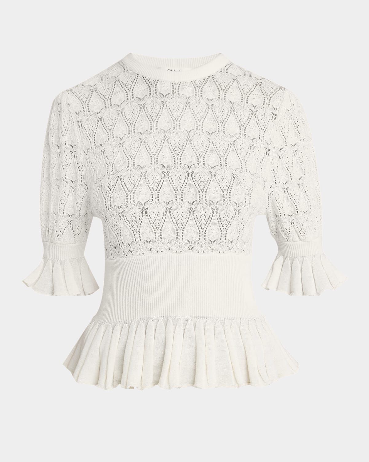 Chloe Short-Sleeve Pointelle Peplum Sweater