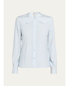 Chloe Striped Silk Chest Yoke Button-Down Top