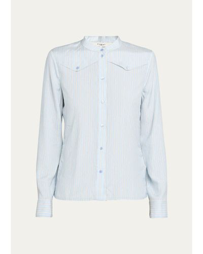 Chloe Striped Silk Chest Yoke Button-Down Top