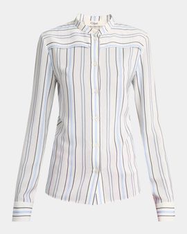 Chloe Striped Silk Jacquard Shoulder-Yoke Button-Down Shirt
