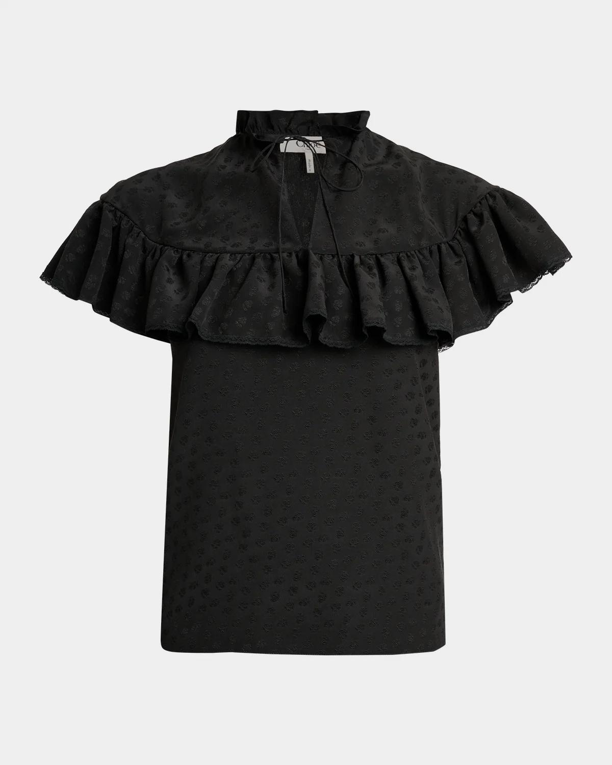 Chloe Tonal-Jacquard Ruffled Short-Sleeve Top