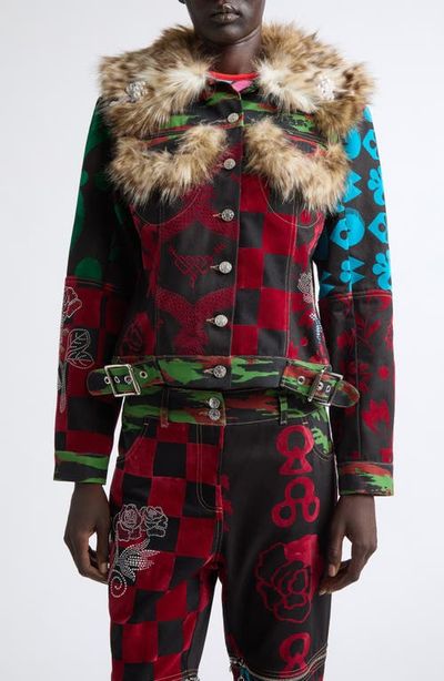 Chopova Lowena Chopova Lowena Faux Fur Trim Patchwork Denim Jacket