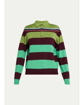 CHRISTOPHER JOHN ROGERS Big Striped Wool-Silk Long-Sleee Polo Sweater
