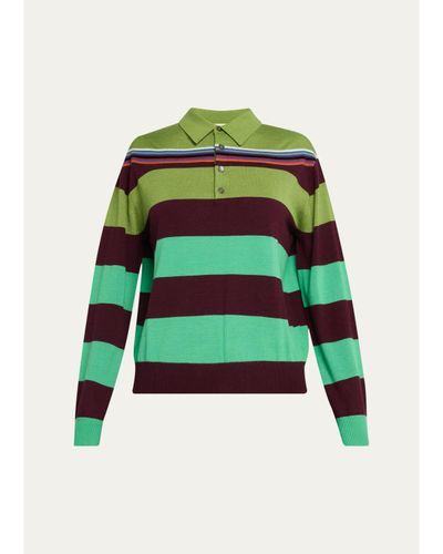 CHRISTOPHER JOHN ROGERS Big Striped Wool-Silk Long-Sleee Polo Sweater