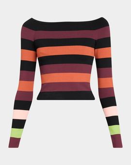 CHRISTOPHER JOHN ROGERS Colorblock Striped Knit Long-Sleeve Boat-Neck Top