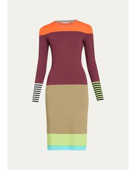CHRISTOPHER JOHN ROGERS Colorblock Striped Knit Long-Sleeve Dress