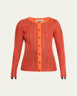 CHRISTOPHER JOHN ROGERS Metallic Pleated Knit Crewneck Cardigan
