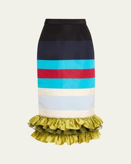 CHRISTOPHER JOHN ROGERS Striped Embroidered Ruffle-Hem Midi Skirt