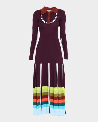 CHRISTOPHER JOHN ROGERS Striped Rib Long-Sleeve Maxi Polo Dress