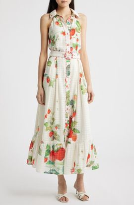 CIEBON CIEBON Katerina Strawberry Print Sleeveless Shirtdress