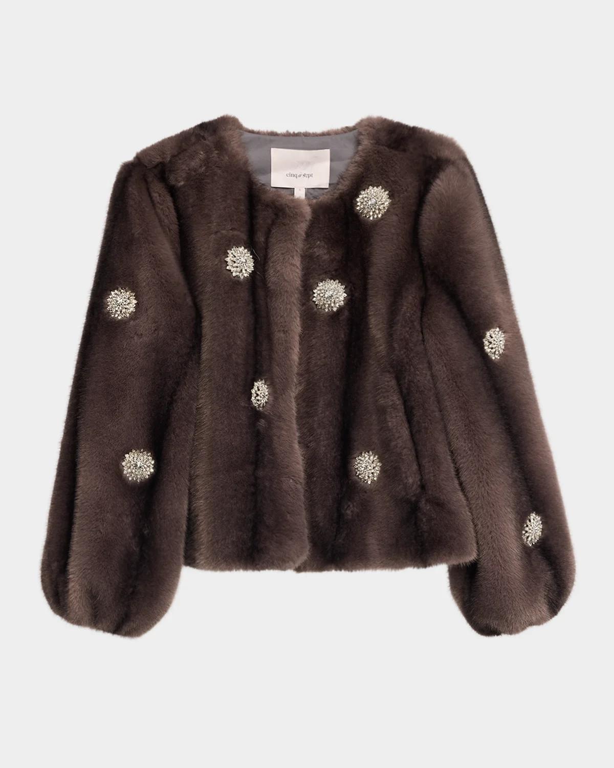 Cinq à Sept Benson Rhinestone Dahlia Faux Fur Coat