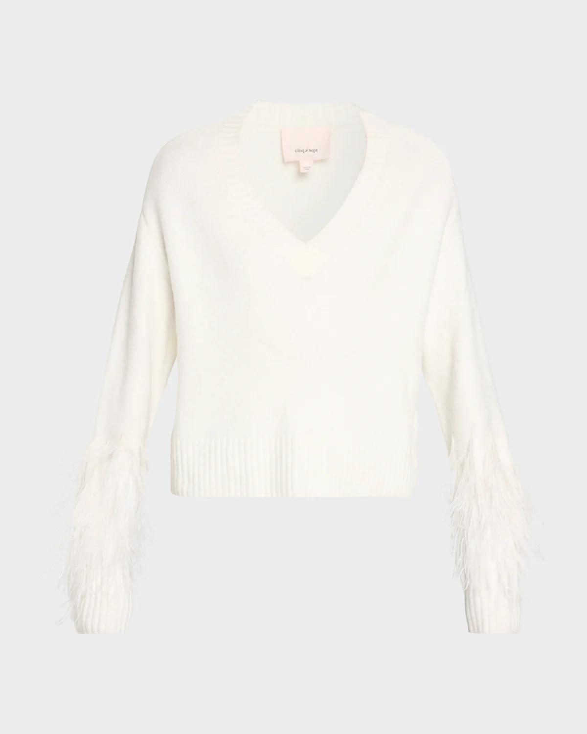 Cinq à Sept Brianne Feather-Trim V-Neck Sweater