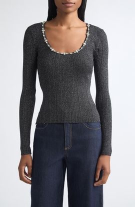 Cinq à Sept Cinq à Sept Aminta Embellished Metallic Pullover Sweater
