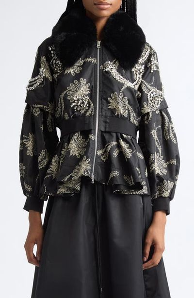 Cinq à Sept Cinq à Sept Armelle Paisley Fan Embroidered Jacket with Faux Fur Collar