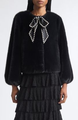 Cinq à Sept Cinq à Sept Benson Satin Bow Faux Fur Coat