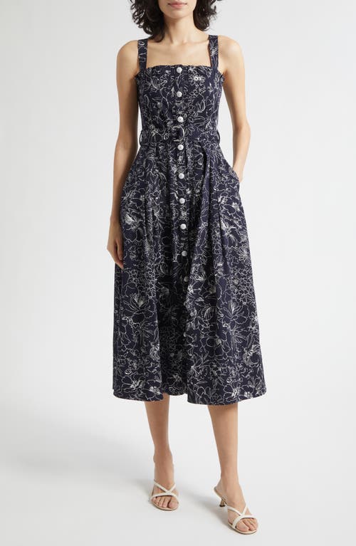 Cinq à Sept Cinq à Sept Branwen Garden Doodle Belted Denim A-Line Midi Dress